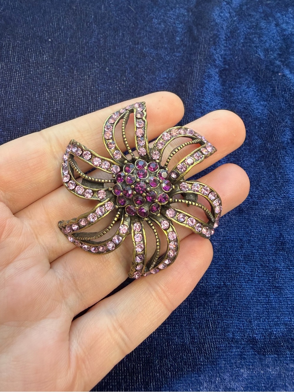 Vintage Purple Pink Gold Rhinestone Flower Pendant Brooch